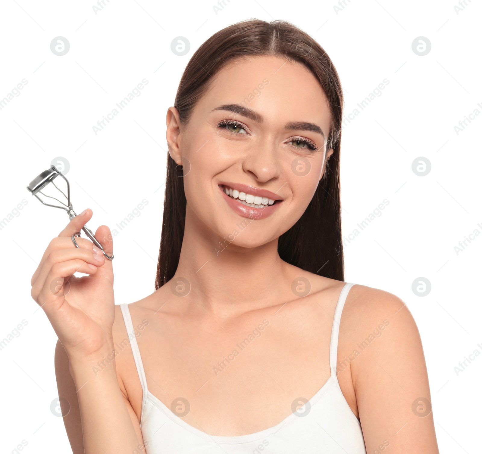 Photo of Woman with eyelash curler on white background