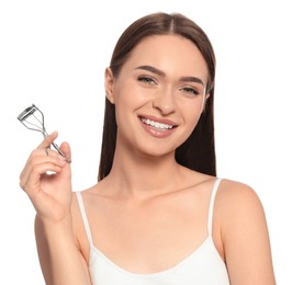 Photo of Woman with eyelash curler on white background