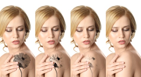 Image of Collage with photo of woman on white background showing tattoo removal process