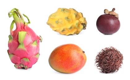 Image of Set with different delicious exotic fruits on white background