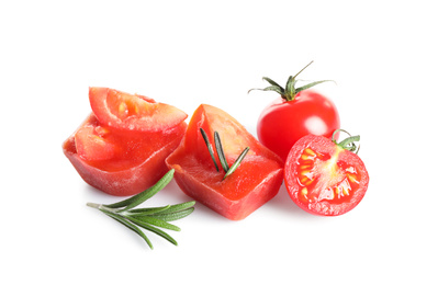 Photo of Tasty tomato ice cubes on white background