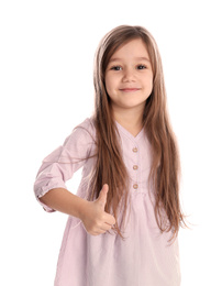 Portrait of cute little girl on white background