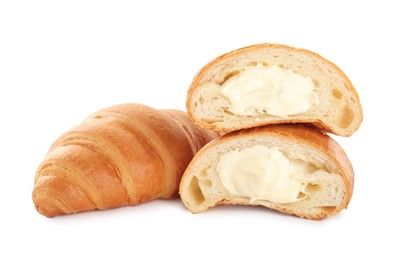 Photo of Delicious croissants with cream on white background