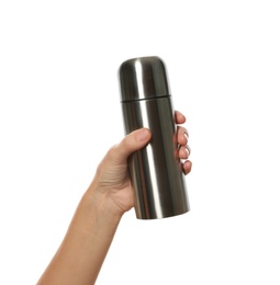 Photo of Woman holding silver thermos on white background, closeup