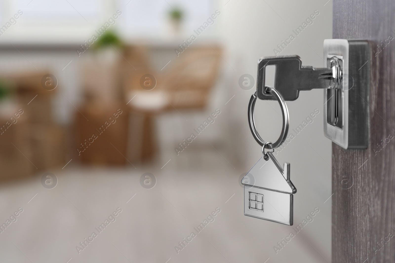 Photo of Mortgage and real estate. Open door with key and house shaped keychain against blurred background, space for text