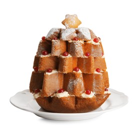 Photo of Delicious Pandoro Christmas tree cake decorated with powdered sugar and berries on white background