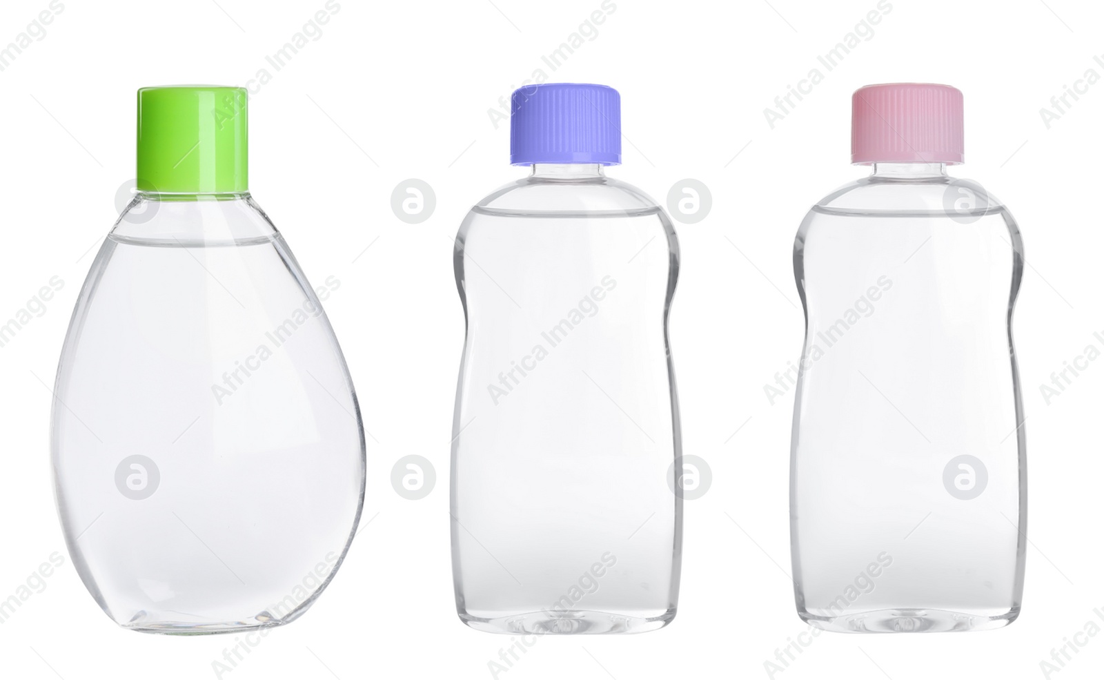 Image of Set with bottles of baby oils on white background