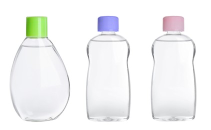 Image of Set with bottles of baby oils on white background