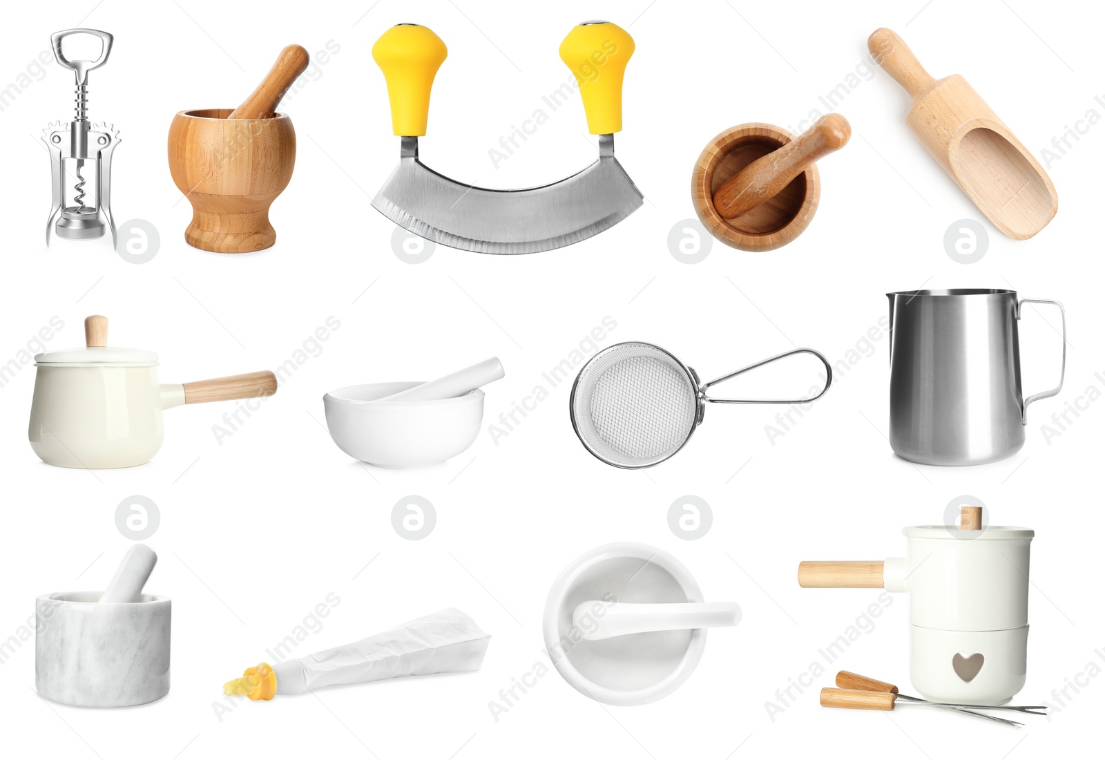 Image of Set with different cooking utensils on white background