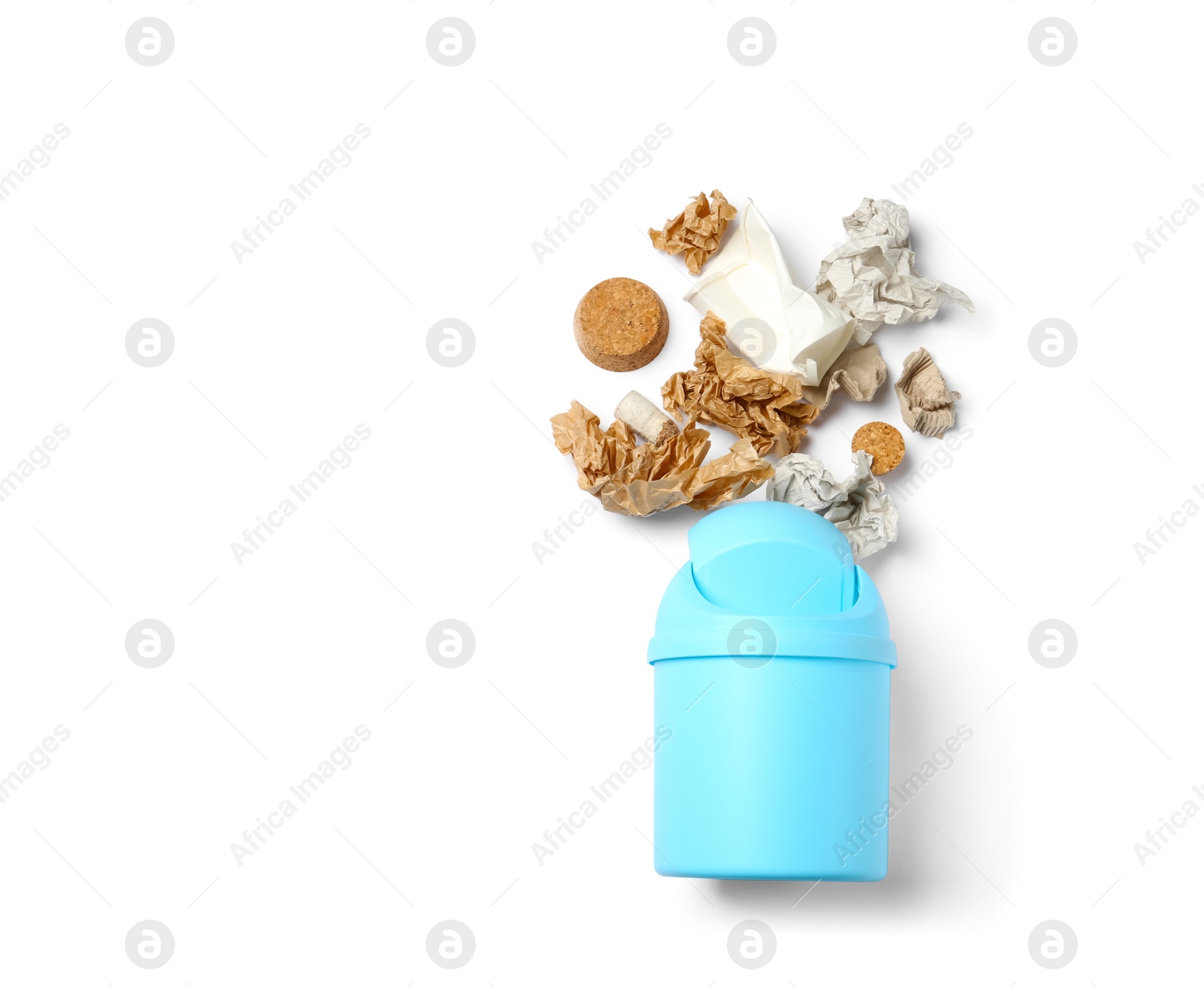 Photo of Trash bin and different garbage isolated on white, top view with space for text. Waste recycling concept