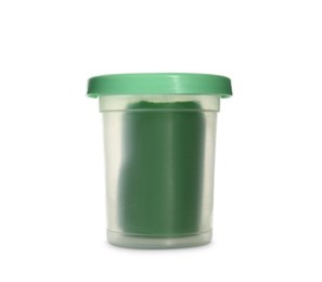 Photo of Plastic container of light green play dough isolated on white