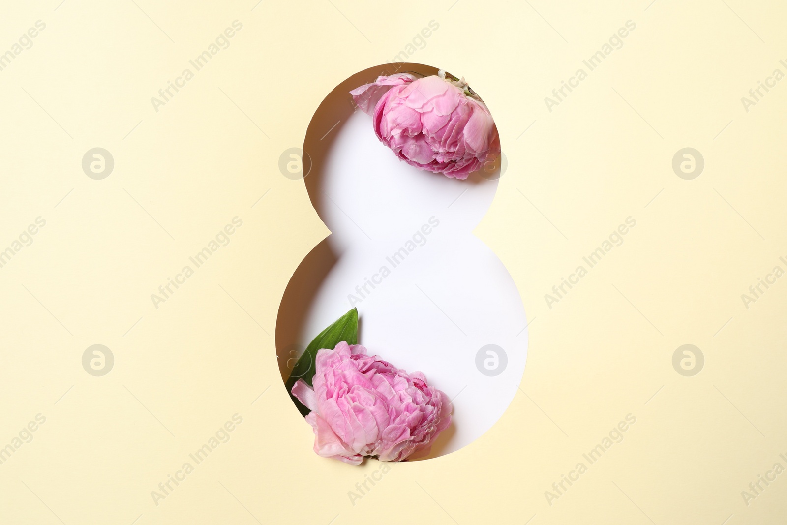 Photo of 8 March greeting card design with pink peony flowers, top view. Happy International Women's Day