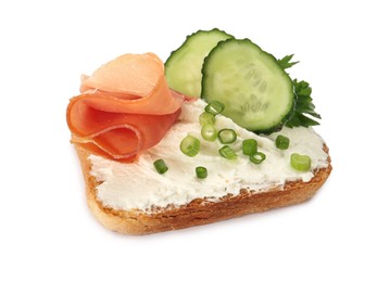 Delicious sandwich with cream cheese, jamon, cucumber and herbs isolated on white