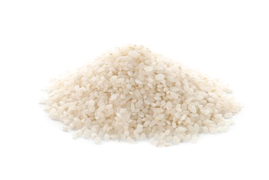 Raw rice on white background. Healthy grains and cereals