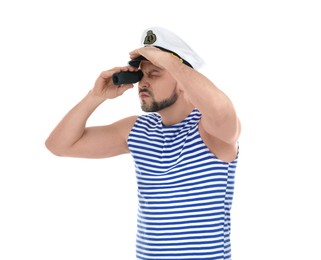 Photo of Sailor with looking through monocular on white background