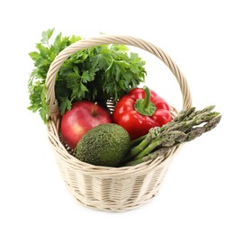 Healthy food. Different fresh products in wicker basket isolated on white