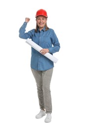 Photo of Architect in hard hat with draft on white background