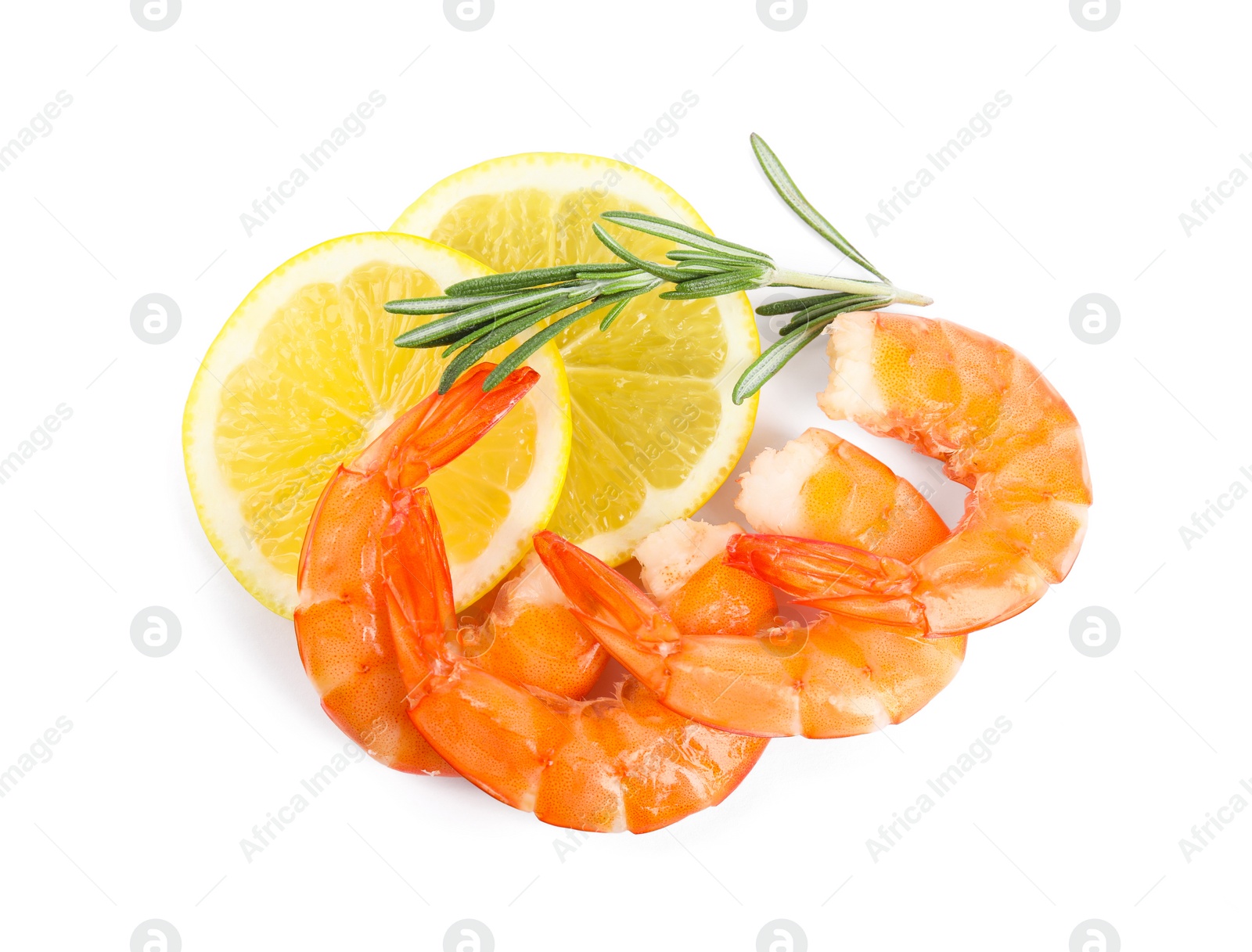 Photo of Delicious cooked shrimps, lemon and rosemary isolated on white, top view