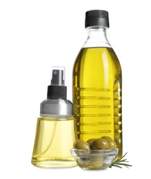 Photo of Bottles of cooking oil and olives on white background
