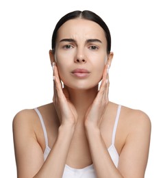 Photo of Young woman with dry skin on white background