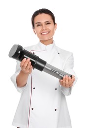 Photo of Chef holding sous vide cooker on white background