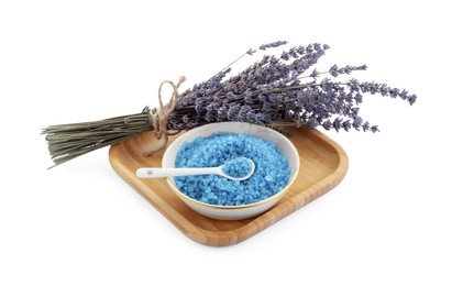 Photo of Bowl with blue sea salt and lavender flowers isolated on white