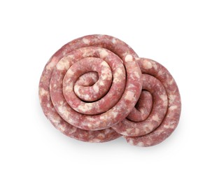 Photo of Raw homemade sausage on white background, top view