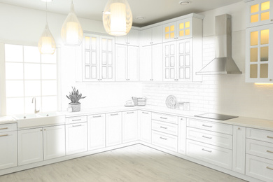 Image of Beautiful kitchen with new stylish furniture. Illustrated interior design