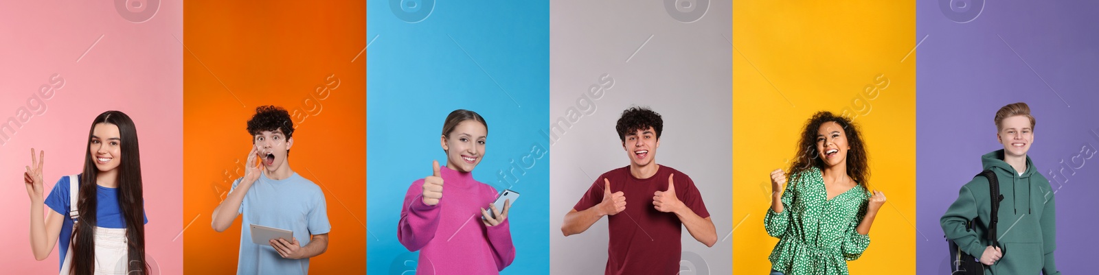 Image of Photos of teenagers on different color backgrounds, collage