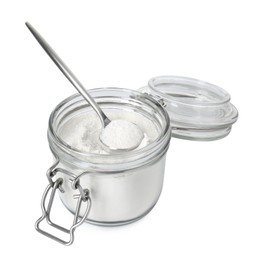 Baking powder in glass jar and spoon isolated on white