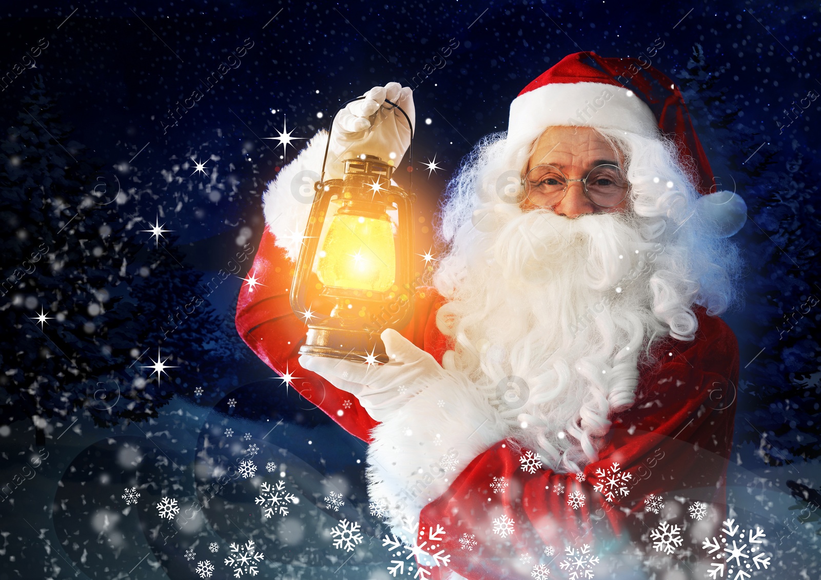 Image of Santa Claus with glowing lantern in winter forest. Christmas magic