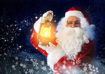 Image of Santa Claus with glowing lantern in winter forest. Christmas magic