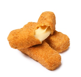 Photo of Pile of tasty cheese sticks isolated on white