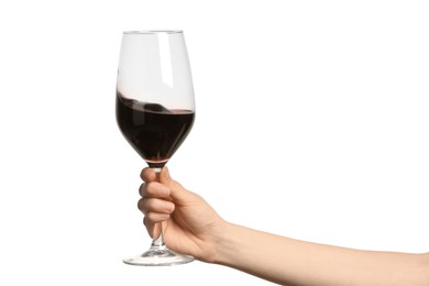 Woman with glass of wine isolated on white, closeup