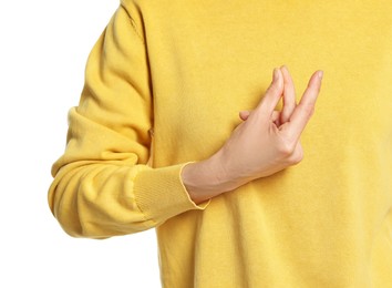 Woman snapping her fingers on white background, closeup. Bad habit