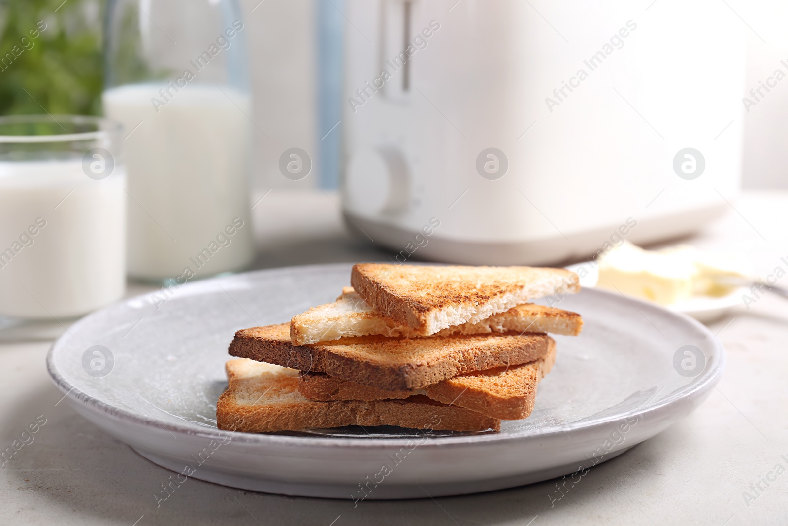 Photo of Plate with toasted bread on table