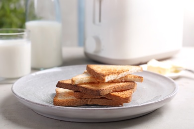 Plate with toasted bread on table