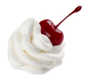 Photo of Delicious fresh whipped cream with cherry isolated on white