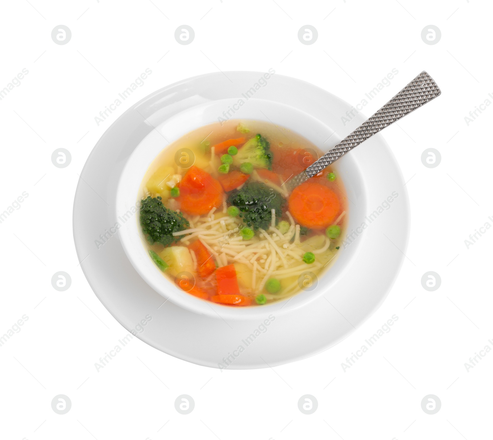 Photo of Delicious vegetable soup with noodles and spoon isolated on white, above view