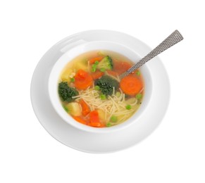 Photo of Delicious vegetable soup with noodles and spoon isolated on white, above view