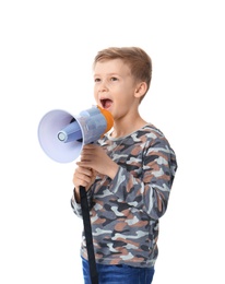 Cute little boy with megaphone on white background