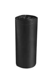 Roll of black garbage bags on white background. Cleaning supplies