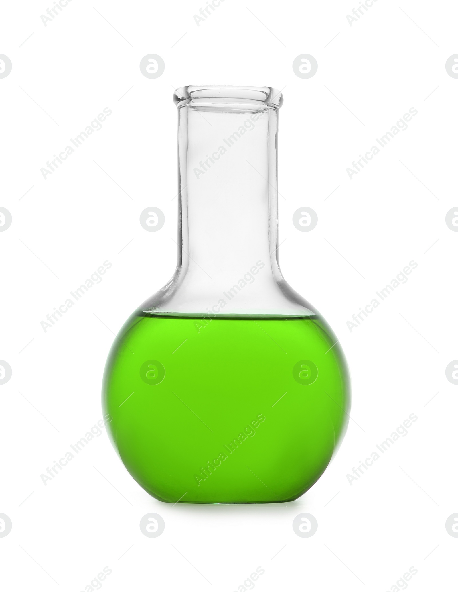 Photo of Flask with color sample isolated on white. Chemistry glassware