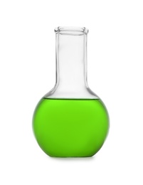 Photo of Flask with color sample isolated on white. Chemistry glassware