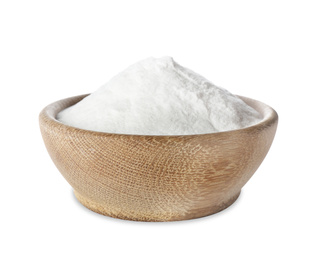 Photo of Baking soda in wooden bowl isolated on white