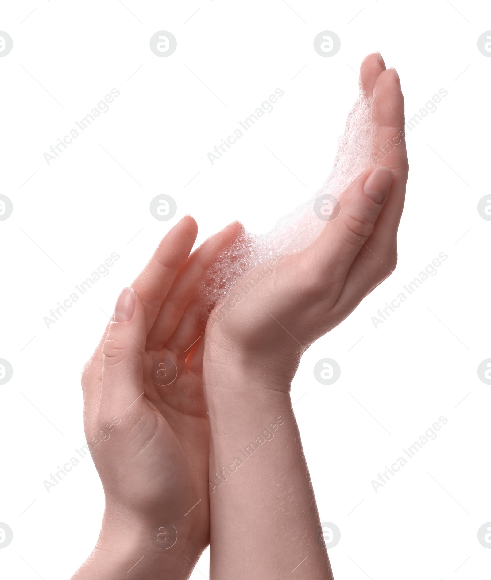 Photo of Woman with bath foam on white background, closeup