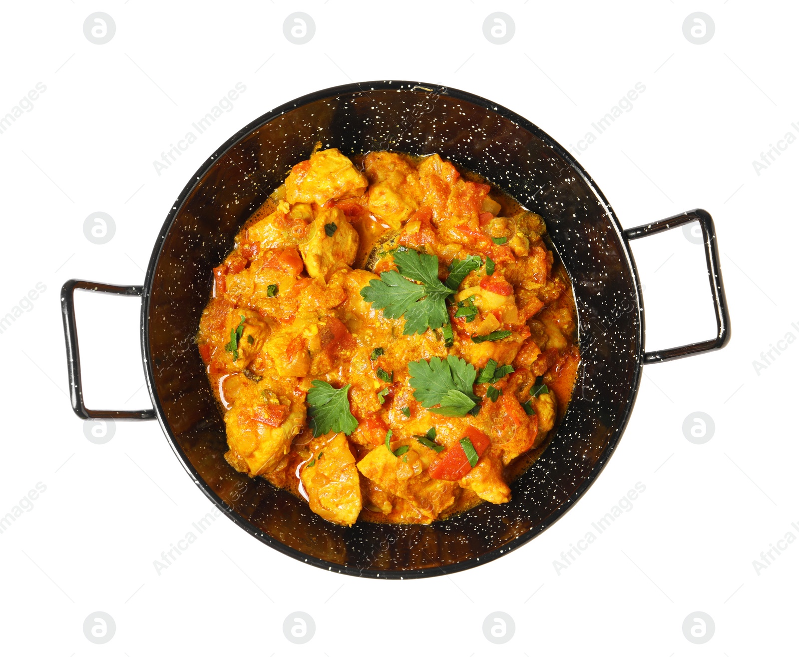 Photo of Delicious chicken curry in frying pan isolated on white, top view