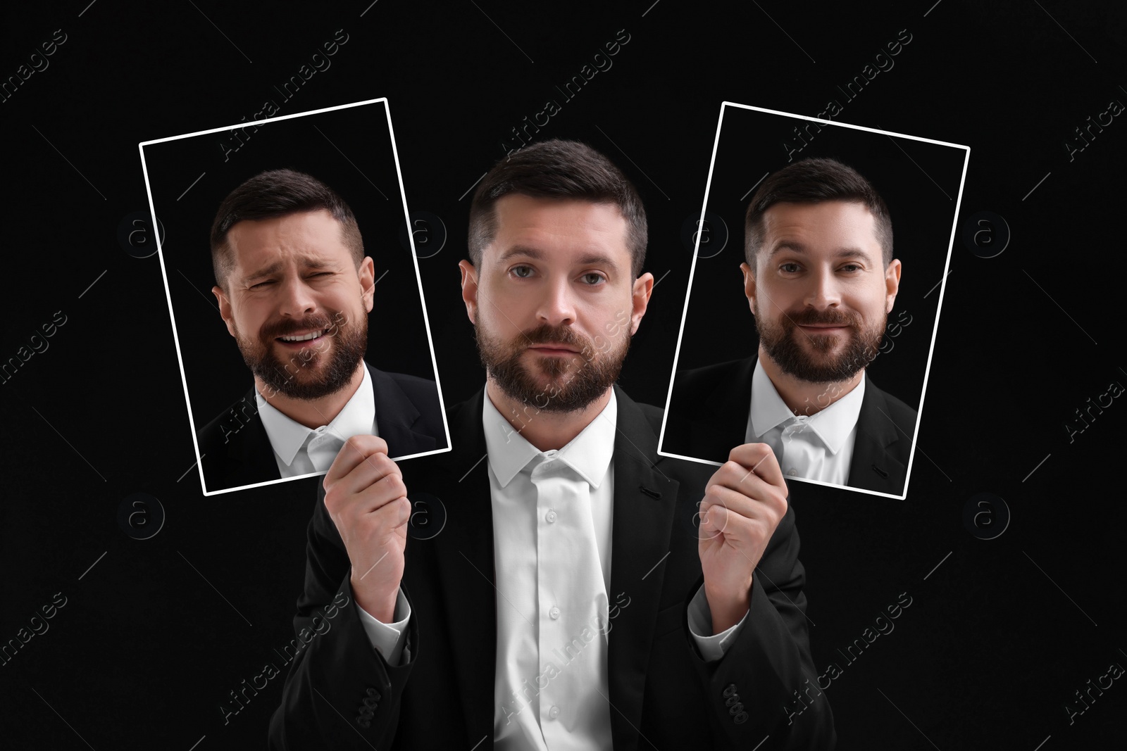 Image of Man holding his photo portraits showing different emotions on black background. Balanced personality