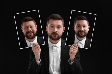 Image of Man holding his photo portraits showing different emotions on black background. Balanced personality