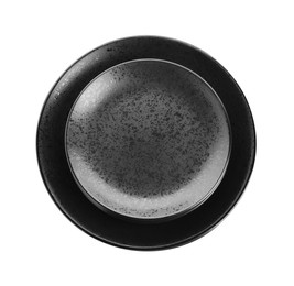 Stack of black ceramic plates isolated on white, top view